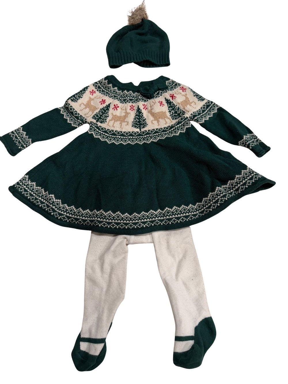 Tahari Dark Green Knit Reindeer Dress Set with Cream Tights and Pom Hat